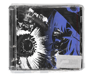 A CD jewel case in wrinkled plastic featuring high-contrast black, white, and blue artwork of a stylized flower and an anime face.