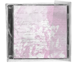 Transparent CD jewel case mockup with taped edges, featuring a pale pink and white floral handwritten collage insert on a black background.