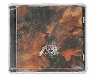 CD case featuring a brown and orange marble texture with a white line-art illustration of a floating woman in the center.