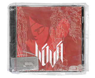 Clear plastic CD case with a red Himeko-inspired insert, white mechanical line art, a bold angular logo, and a visible RFID tag beneath the wrapping.