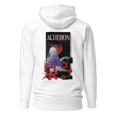 Back view of a solid-colored hoodie. A large, vertical graphic on the upper back features an illustration of the character Acheron from Honkai: Star Rail set against a large circular shape. The design is layered with the text "ACHERON", large stacked East Asian characters, and floral motifs.