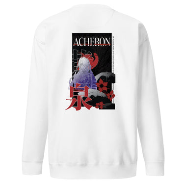 Back view of a solid-colored sweatshirt. A large, vertical graphic on the upper back features an illustration of the character Acheron from Honkai: Star Rail set against a large circular shape. The design is layered with the text "ACHERON", large stacked East Asian characters, and floral motifs.