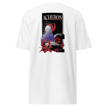 Back view of a solid-colored shirt. A large, vertical graphic on the upper back features an illustration of the character Acheron from Honkai: Star Rail set against a large circular shape. The design is layered with the text "ACHERON", large stacked East Asian characters, and floral motifs.