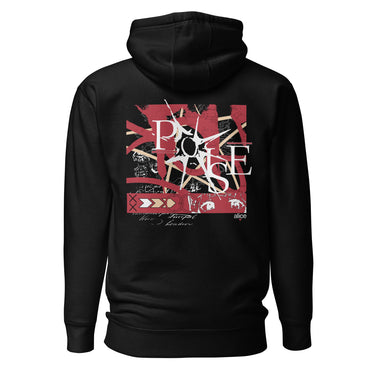 A black hoodie with a central graphic. The design features the word 'POISE' in a large, deconstructed white font layered over a red rectangle with abstract white patterns. The background includes beige textures and red script accents.