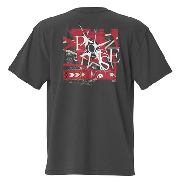 A faded black oversized tee with a central graphic. The design features the word 'POISE' in a large, deconstructed white font layered over a red rectangle with abstract white patterns. The background includes beige textures and red script accents.