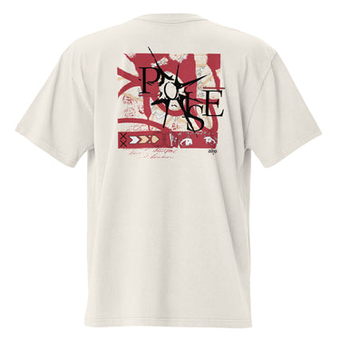 A faded bone oversized tee with a central graphic. The design features the word 'POISE' in a large, deconstructed black font layered over a red rectangle with abstract white patterns. The background includes beige textures and red script accents.