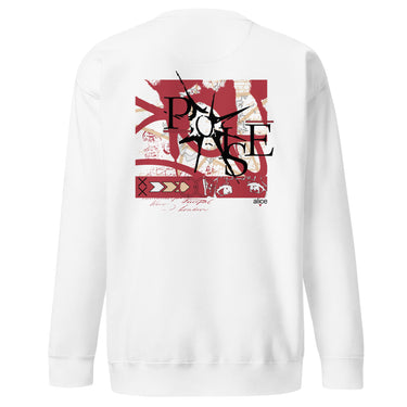 A white crewneck sweatshirt with a central graphic. The design features the word 'POISE' in a large, deconstructed black font layered over a red rectangle with abstract white patterns. The background includes beige textures and red script accents.