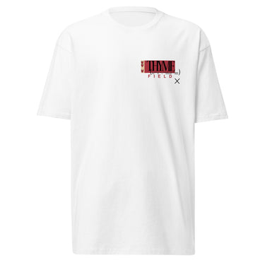 A white tee with an off centered graphic to the left side of the sweatshirt. The design features the word 'THYME' in a large, black font layered over a red rectangle accompanied by red text depicting "FIELD" underneath it.