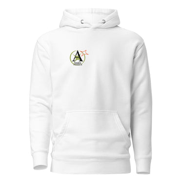 Front view of a solid-colored hoodie. A small graphic on the left chest features a circular emblem containing a large, pixel-art style letter 'A'. A small, outlined star symbol is next to the emblem.
