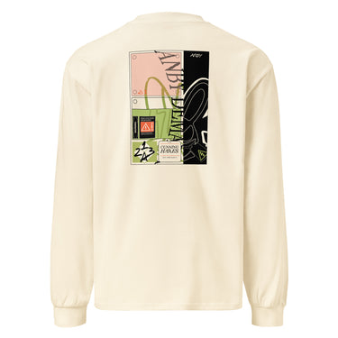 Back view of a solid-colored longsleeve. A large collage graphic is centered on the upper back, composed of several rectangular panels. The design features the vertical text "ANBY DEMARA" and a large, high-contrast profile illustration of a character with rabbit-like ears.