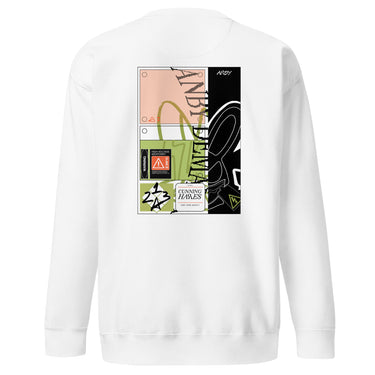 Back view of a solid-colored sweatshirt. A large collage graphic is centered on the upper back, composed of several rectangular panels. The design features the vertical text "ANBY DEMARA" and a large, high-contrast profile illustration of a character with rabbit-like ears.