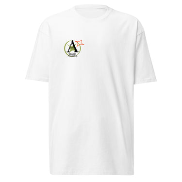 Front view of a solid-colored shirt. A small graphic on the left chest features a circular emblem containing a large, pixel-art style letter 'A'. A small, outlined star symbol is next to the emblem.