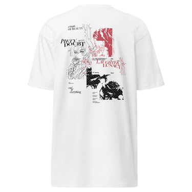 Back view of a solid-colored shirt. A large collage graphic on the upper back features a fine-line portrait of the character Argenti from Honkai: Star Rail holding a rose. The design is layered with multiple blocks of text in various fonts and several patches of high-contrast, textured patterns.