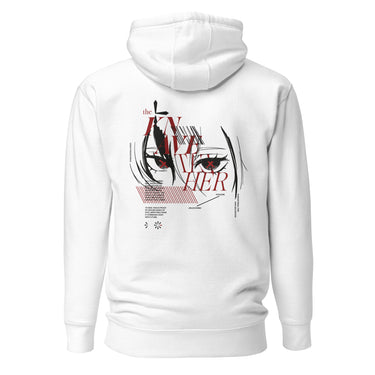Back view of a solid-colored hoodie. A large graphic on the upper back features a high-contrast, close-up illustration of Arlecchino from Genshin Impact’s eyes. The design is layered with the text "the KNAVE of HER" and various other typographic and abstract elements.