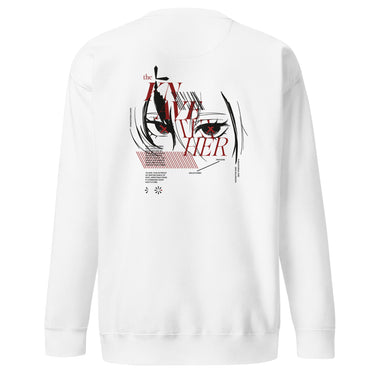 Back view of a solid-colored sweatshirt. A large graphic on the upper back features a high-contrast, close-up illustration of Arlecchino from Genshin Impact’s eyes. The design is layered with the text "the KNAVE of HER" and various other typographic and abstract elements.
