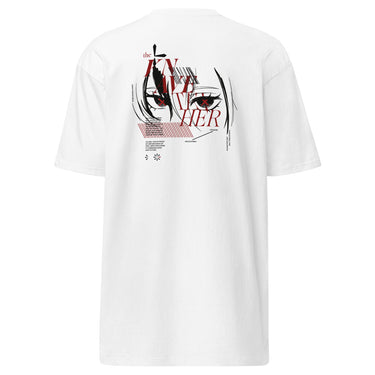 Back view of a solid-colored shirt. A large graphic on the upper back features a high-contrast, close-up illustration of Arlecchino from Genshin Impact’s eyes. The design is layered with the text "the KNAVE of HER" and various other typographic and abstract elements.