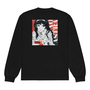Back view of a solid-colored, longsleeve. A large, square graphic on the upper back features a high-contrast, manga-style illustration of Astra Yao from Zenless Zone Zero. The word "ASTRA" is written vertically in large, high-contrast letters along the right side of the image. It is designed to be similar to an album cover.