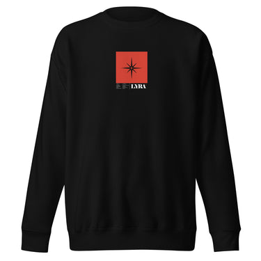 Front view of a solid-colored, sweatshirt. A small graphic is centered on the chest, featuring a solid vertical rectangle containing a four-pointed star. The word "LYRA" and a small block of technical-style text are positioned below the rectangle.