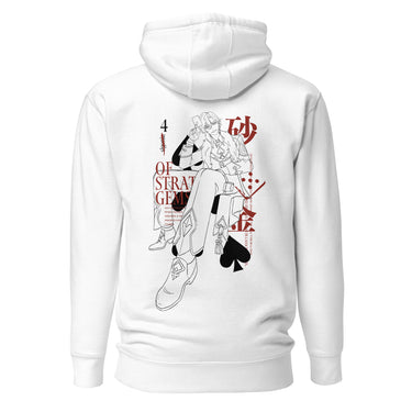 Back view of a solid-colored hoodie. A large graphic on the upper back is styled like a playing card and features a fine-line illustration of Aventurine from Honkai: Star Rail sitting in a throne-like chair. The design incorporates card-game motifs such as a large spade symbol and East Asian characters.