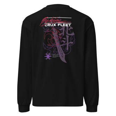 Back view of a solid-colored, longsleeve. A large, vertical collage graphic is centered on the back. It features an ornate dagger as the central element, layered over large Chinese calligraphy characters and swirling line art. The design includes the prominent text "CRUX FLEET" and other stylized typography.