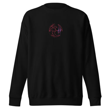 Front view of a solid-colored, sweatshirt. A small graphic is centered on the chest, featuring a circular emblem made of three swirling shapes, rendered with a high-contrast, distressed texture.