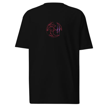 Front view of a solid-colored, shirt. A small graphic is centered on the chest, featuring a circular emblem made of three swirling shapes, rendered with a high-contrast, distressed texture.