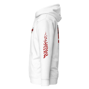 A white hoodie viewed from the left side, showcasing a red graphic design on the left sleeve. The graphic consists of abstract, flowing red lines. A portion of a dark, distressed red and black graphic is visible on the upper back of the hoodie.