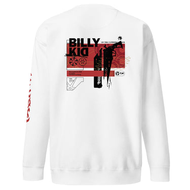 Back view of a solid-colored sweatshirt. A large, vertical collage graphic on the upper back features the stacked text "BILLY KID" and a prominent high-contrast silhouette of a revolver schematic. The design is layered with various schematic diagrams, including a revolver's chamber and a y2k icons.