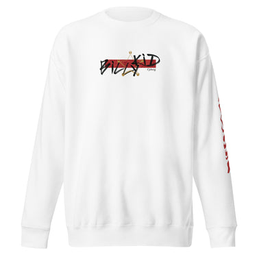 Front view of a solid-colored sweatshirt. A graphic centered on the chest features the words "BILLY KID" in a high-contrast, sketchy font, layered over a solid rectangular block and a fine-line illustration of a sheriff's badge.
