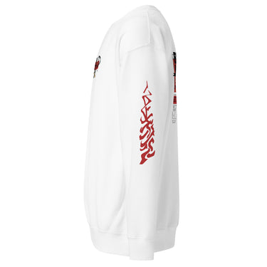 A white crewneck sweatshirt viewed from the left side, showcasing a red graphic design on the left sleeve. The graphic consists of abstract, flowing red lines. A portion of a dark, distressed red and black graphic is visible on the upper back of the sweatshirt.