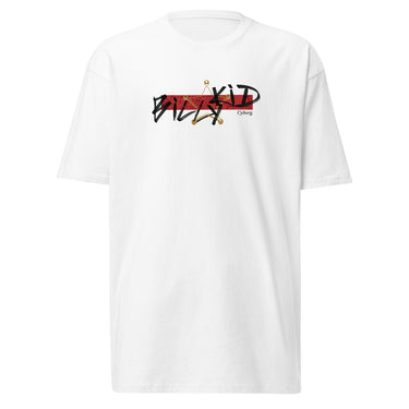 Front view of a solid-colored shirt. A graphic centered on the chest features the words "BILLY KID" in a high-contrast, sketchy font, layered over a solid rectangular block and a fine-line illustration of a sheriff's badge.