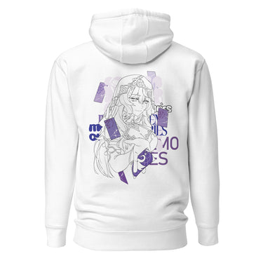 Back view of a solid-colored hoodie. A large graphic on the upper back features a fine-line illustration of the character Black Swan from Honkai: Star Rail holding several cards. The design is layered with large, high-contrast text and abstract shapes.