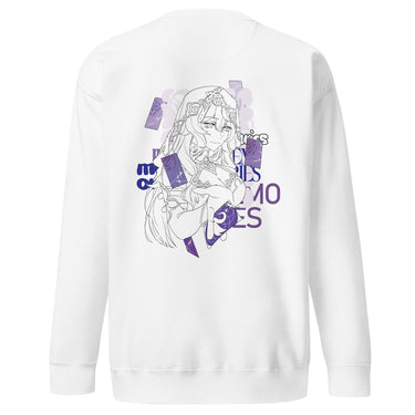 Back view of a solid-colored sweatshirt. A large graphic on the upper back features a fine-line illustration of the character Black Swan from Honkai: Star Rail holding several cards. The design is layered with large, high-contrast text and abstract shapes.