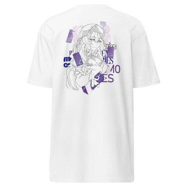Back view of a solid-colored shirt. A large graphic on the upper back features a fine-line illustration of the character Black Swan from Honkai: Star Rail holding several cards. The design is layered with large, high-contrast text and abstract shapes.