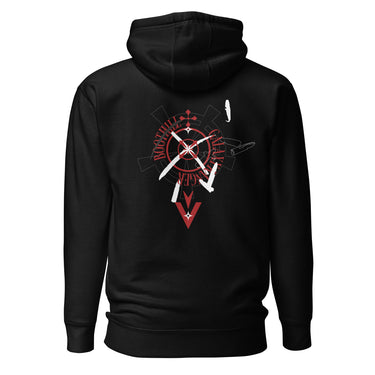 Back view of a solid-colored hoodie. A large graphic on the upper back features a circular, gear-like object with text such as "BOOTHILL" arranged around it. The design is layered with high-contrast illustrations of bullets and knives, with a large chevron symbol below.