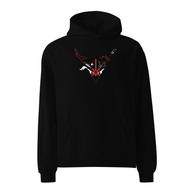 Front view of a solid-colored oversized-hoodie. A graphic centered on the chest features a high-contrast, stylized illustration of a horned animal skull, with a compass rose symbol at its center and a dagger piercing through the top.