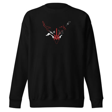 Front view of a solid-colored sweatshirt. A graphic centered on the chest features a high-contrast, stylized illustration of a horned animal skull, with a compass rose symbol at its center and a dagger piercing through the top.