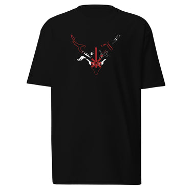 Front view of a solid-colored shirt. A graphic centered on the chest features a high-contrast, stylized illustration of a horned animal skull, with a compass rose symbol at its center and a dagger piercing through the top.