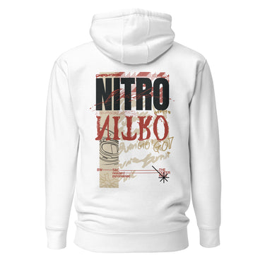 Back view of a solid-colored, oversized hoodie. A large, vertical collage graphic with a distressed aesthetic is centered on the upper back. It features the bold text "NITRO", a graffiti-style word, a line drawing of an biker helmet, and various other textures and symbols.