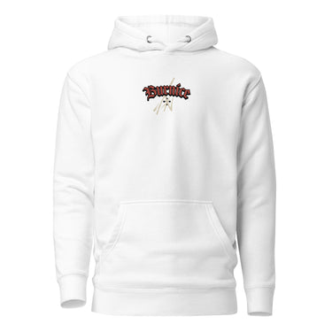 Front view of a solid-colored, oversized hoodie. A small graphic is centered on the chest, featuring the word "Burnice" in a high-contrast, gothic-style blackletter font, with subtle, sketchy lines in the background.