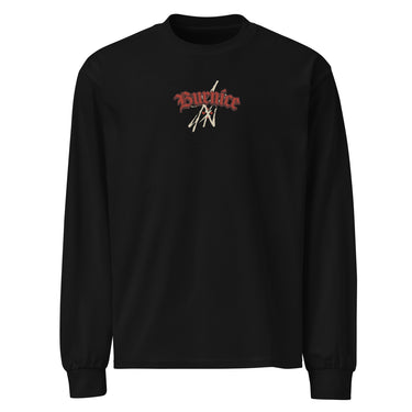 Front view of a solid-colored, oversized longsleeve. A small graphic is centered on the chest, featuring the word "Burnice" in a high-contrast, gothic-style blackletter font, with subtle, sketchy lines in the background.
