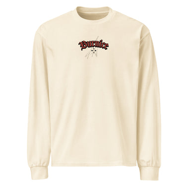 Front view of a solid-colored, oversized longsleeve. A small graphic is centered on the chest, featuring the word "Burnice" in a high-contrast, gothic-style blackletter font, with subtle, sketchy lines in the background.