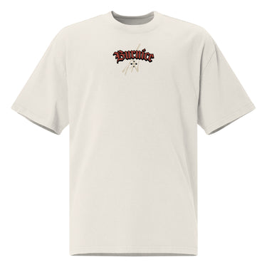Front view of a solid-colored, oversized oversized-tee. A small graphic is centered on the chest, featuring the word "Burnice" in a high-contrast, gothic-style blackletter font, with subtle, sketchy lines in the background.
