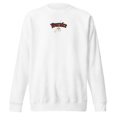 Front view of a solid-colored, oversized sweatshirt. A small graphic is centered on the chest, featuring the word "Burnice" in a high-contrast, gothic-style blackletter font, with subtle, sketchy lines in the background.