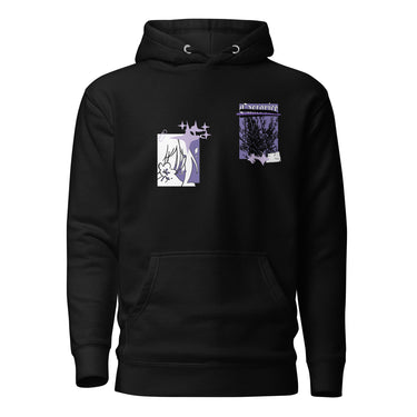 Front view of a solid-colored, hoodie. The chest features two separate collage-style graphics. One is a vertical rectangle containing a high-contrast illustration of a thorny bush. The other graphic features a line drawing of a character's head and hair, with several star shapes and a solid rectangular background.