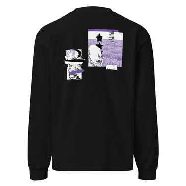 Back view of a solid-colored, longsleeve. The back features two separate vertical graphics. The larger graphic on the right shows the figure of Castorice from Honkai: Star Rail in a densely textured field. The smaller graphic on the left is a distorted, high-contrast portrait of a skull, with solid bars layered over it.