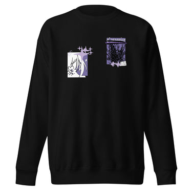 Front view of a solid-colored, sweatshirt. The chest features two separate collage-style graphics. One is a vertical rectangle containing a high-contrast illustration of a thorny bush. The other graphic features a line drawing of a character's head and hair, with several star shapes and a solid rectangular background.