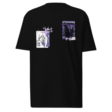 Front view of a solid-colored, shirt. The chest features two separate collage-style graphics. One is a vertical rectangle containing a high-contrast illustration of a thorny bush. The other graphic features a line drawing of a character's head and hair, with several star shapes and a solid rectangular background.