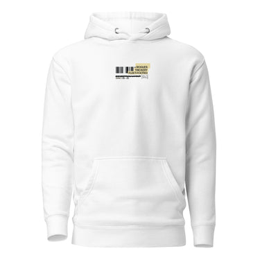Front view of an hoodie. A small graphic on the left chest resembles a product label, featuring a black barcode next to a pale yellow box with the words "ROGUES" and "FLEET-FOOTED" inside.