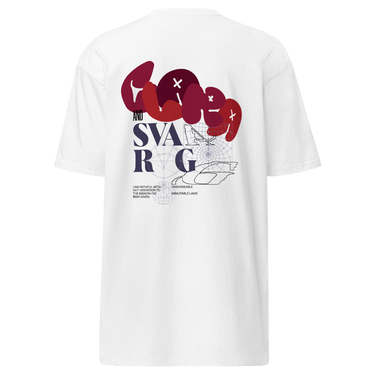 Back view of a solid-colored shirt. A large collage graphic on the upper back features the words "Clara" and "Svarog" in stylized fonts, layered over fine-line schematic diagrams.
